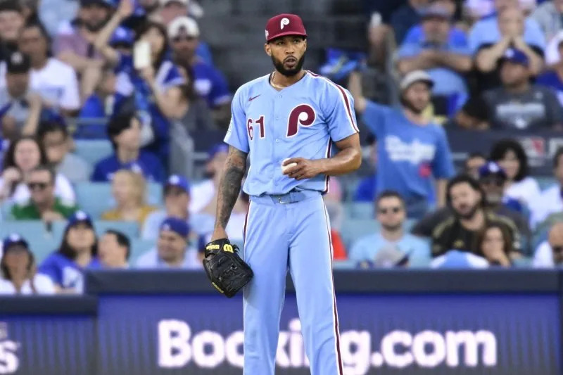 Philadelphia Phillies pitcher Cristopher Sanchez stands on the mound with two Los Angeles Dodgers runners on base in the seventh inning in Game 4 of the National League Division Series on Thursday at Dodger Stadium in Los Angeles. Photo by John McCoy/UPI