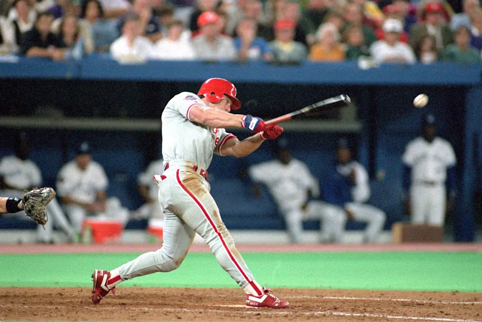 TORONTO - OCTOBER 16: Lenny Dykstra #4 of the Philadelphia Phillies hits a pitch during Game one of the 1993 World Series against the Toronto Blue Jays at Skydome on October 16, 1993 in Toronto, Ontario, Canada. The Blue Jays defeated the Phillies 8-5.