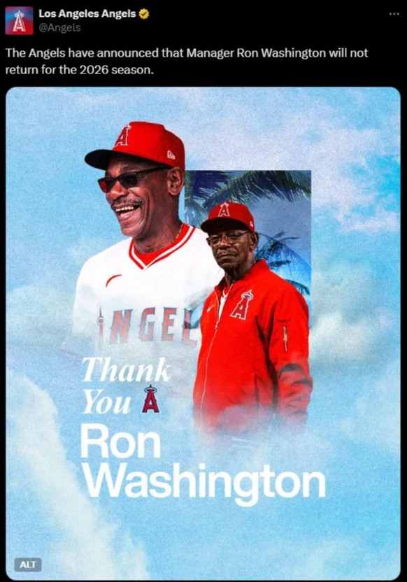 Collage of Ron Washington in two different Angels uniforms, with a background of palm trees and sky.