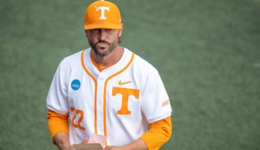 Tony Vitello at Tennessee baseball practice Tuesday amid Giants pursuit