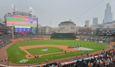 Detroit Tigers in rain delay vs Atlanta Braves at Comerica Park