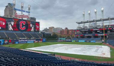 Detroit Tigers in rain delay vs Cleveland Guardians at Progressive Field