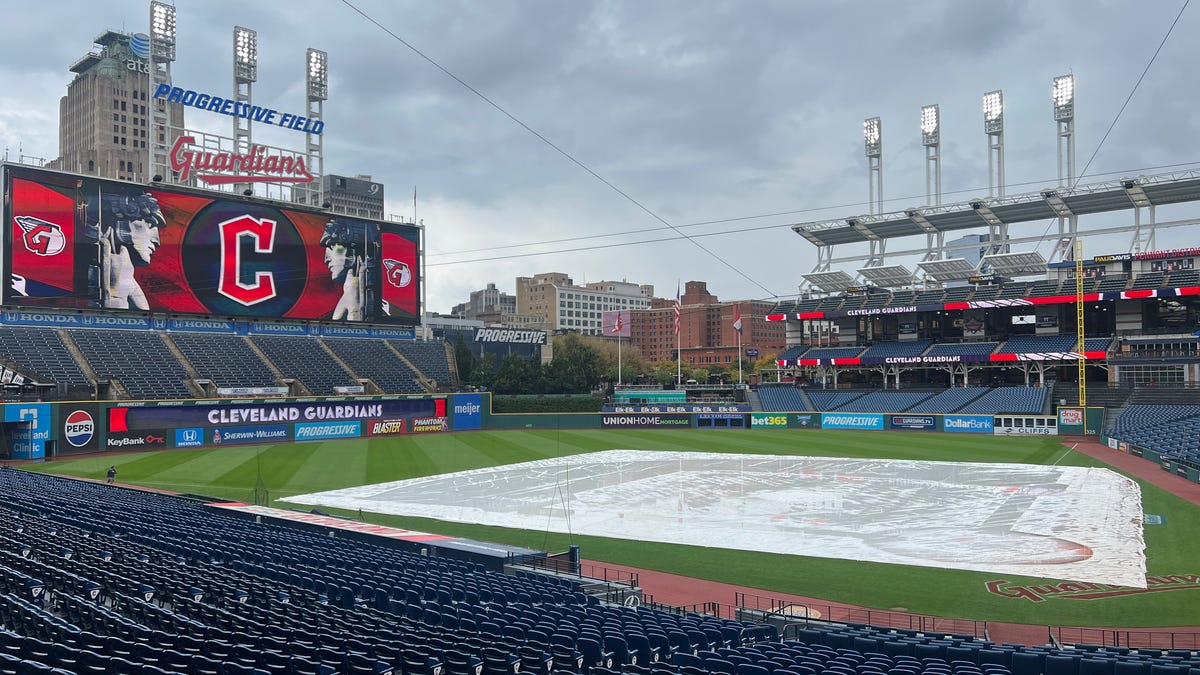 Detroit Tigers in rain delay vs Cleveland Guardians at Progressive Field