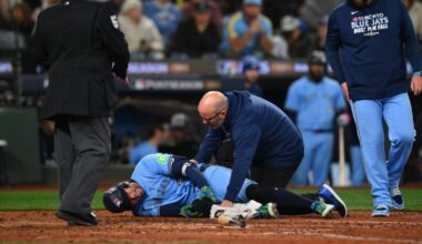 George Springer hit in knee by pitch, exits Game 5 vs Mariners