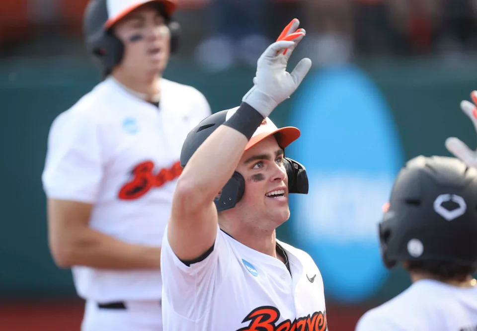 Oregon State outfielder Gavin Turley reacts after hitting a home run during the game against Saint Mary’s in the NCAA Corvallis Regional on May 30.