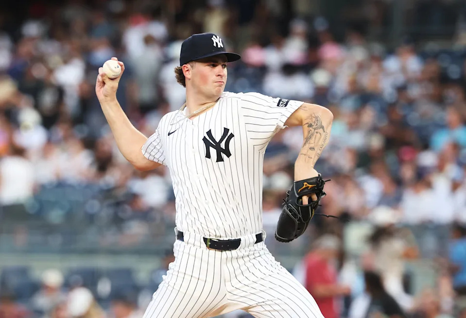 NEW YORK, NEW YORK - JULY 28: Cam Schlittler #31 of the New York Yankees pitches against the Tampa Bay Rays during their game at Yankee Stadium on July 28, 2025 in New York City. (Photo by Al Bello/Getty Images)