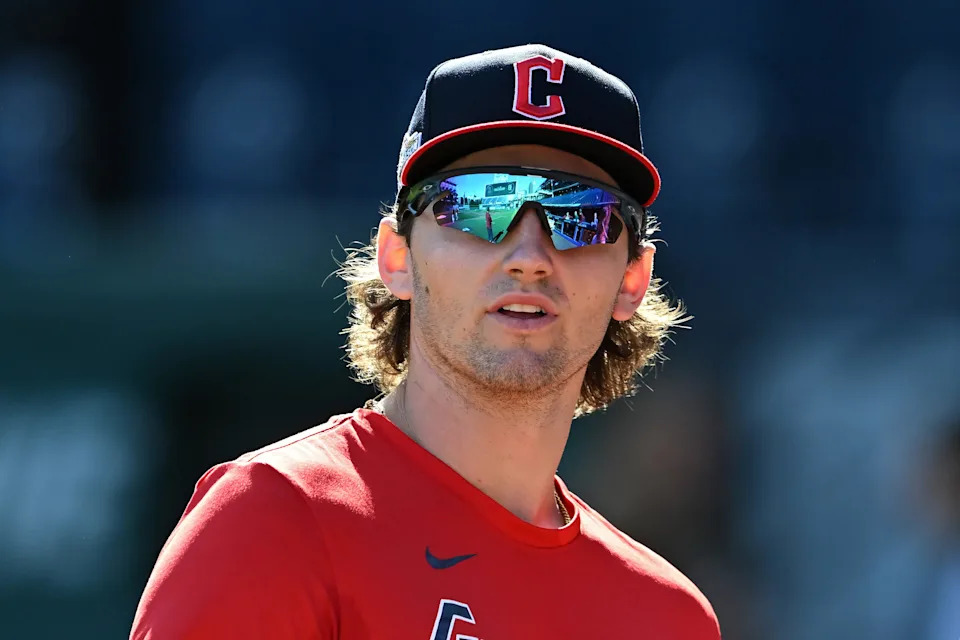 Chase DeLauter #34 of the Cleveland Guardians looks on prior to Game 2 of the American League Wild Card Series between the Detroit Tigers and the Cleveland Guardians at Progressive Field on October 01, 2025 in Cleveland, Ohio.