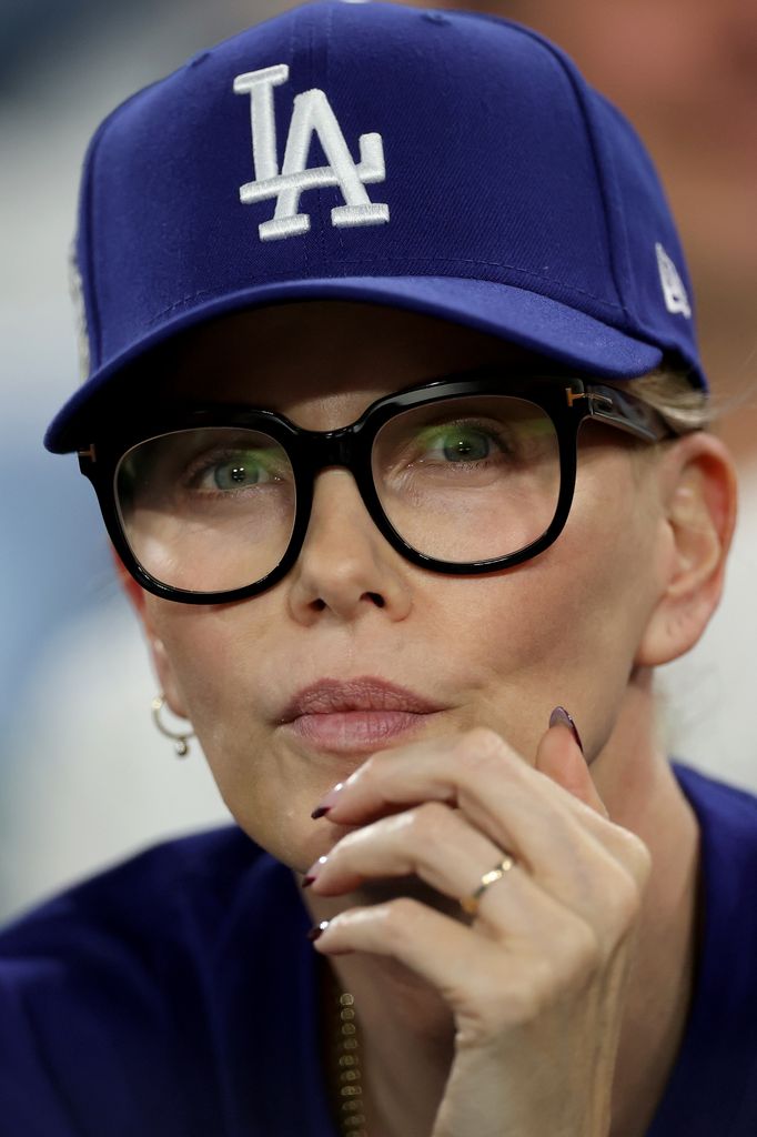 Charlize Theron watches during the sixth inning of game five of the 2025 World Series between the Toronto Blue Jays and the Los Angeles Dodgers at Dodger Stadium on October 29, 2025 in Los Angeles, California.
