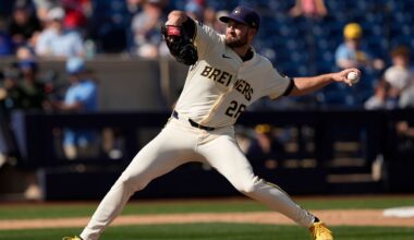 Milwaukee Brewers pitcher Aaron Ashby throws during the fourth inning of a spring training baseball game against the Kansas City Royals, Thursday, Feb. 27, 2025, in Phoenix.