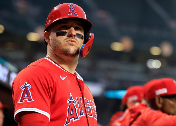 Angels star Mike Trout looks out into the crowd from...