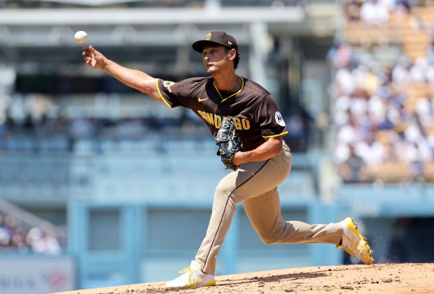 San Diego Padres starting pitcher Yu Darvish delivers against the...