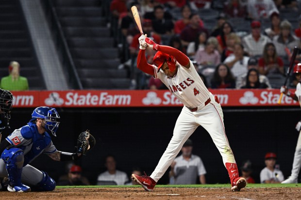 The Angels’ Christian Moore avoids an inside pitch during the...