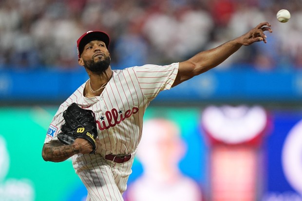 Philadelphia Phillies’ Cristopher Sánchez pitches during the first inning in...