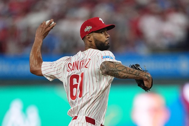 Philadelphia Phillies’ Cristopher Sánchez pitches during the first inning in...
