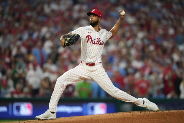 Philadelphia Phillies’ Cristopher Sánchez pitches during the first inning in...
