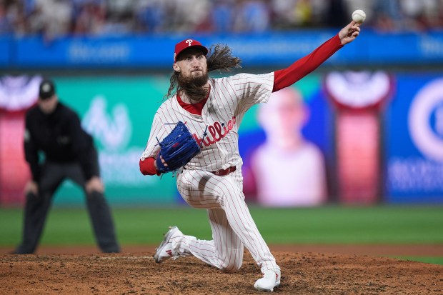 Philadelphia Phillies relief pitcher Matt Strahm pitches during the seventh...