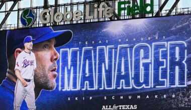 The scoreboard at GolbeLife Field welcomes new Texas Rangers manager Skip Schumaker, Friday, Oct. 10, 2025, in Arlington, Texas. (AP Photo/Stephen Hawkins)