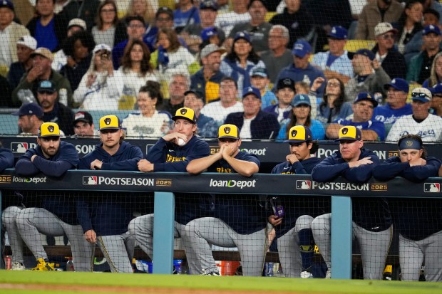 Members of the Milwaukee Brewers watch from the dugout during...