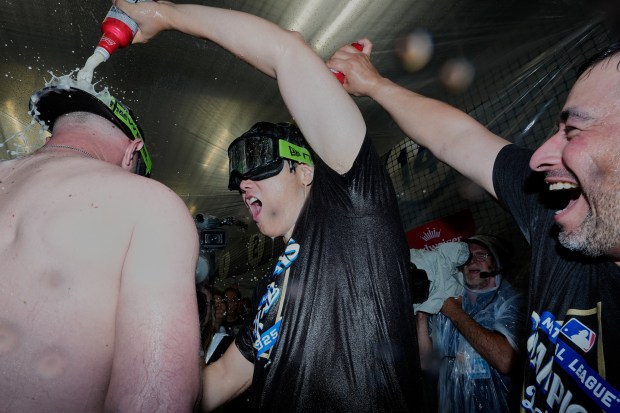 Dodgers star Shohei Ohtani celebrates their win against the Milwaukee...