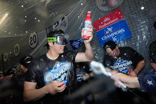 Dodgers star Shohei Ohtani celebrates after their win against the...