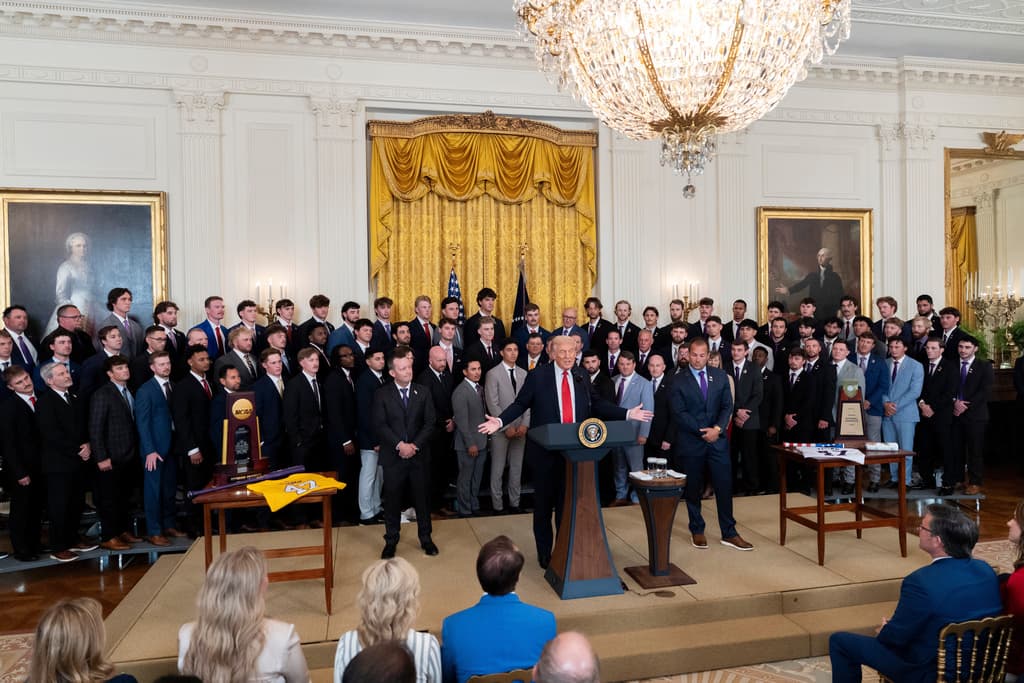 Title: Trump Image ID: 25293775857971 Article: President Donald Trump speaks during an event to welcome the 2025 LSU and LSU-Shreveport national champion baseball teams in the East Room of the White House, Monday, Oct. 20, 2025, in Washington. (AP Photo/Alex Brandon)