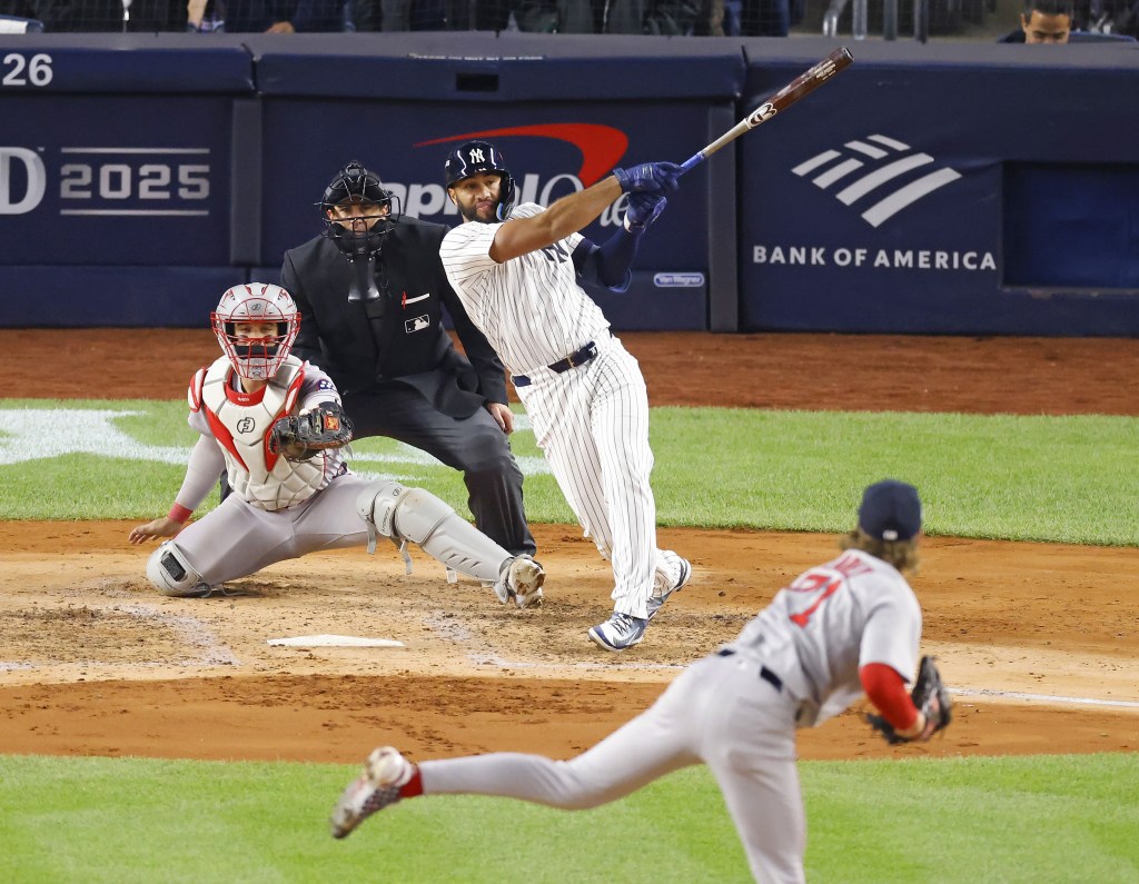 Amed Rosario rips an RBI single off Connelly Early in the fourth inning of the Yankees' 4-0 Game 3 AL wild-card series-clinching victory over the Red Sox on Oct. 2, 2025.