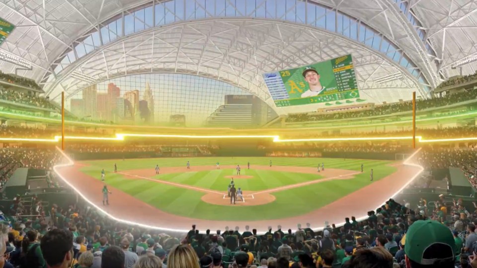 A rendering of the new A's ballpark offers spectacular views