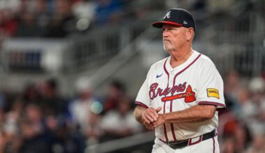 Brian Snitker (43) on the field against the Chicago Cubs during the eighth inning at Truist Park. (file photo)