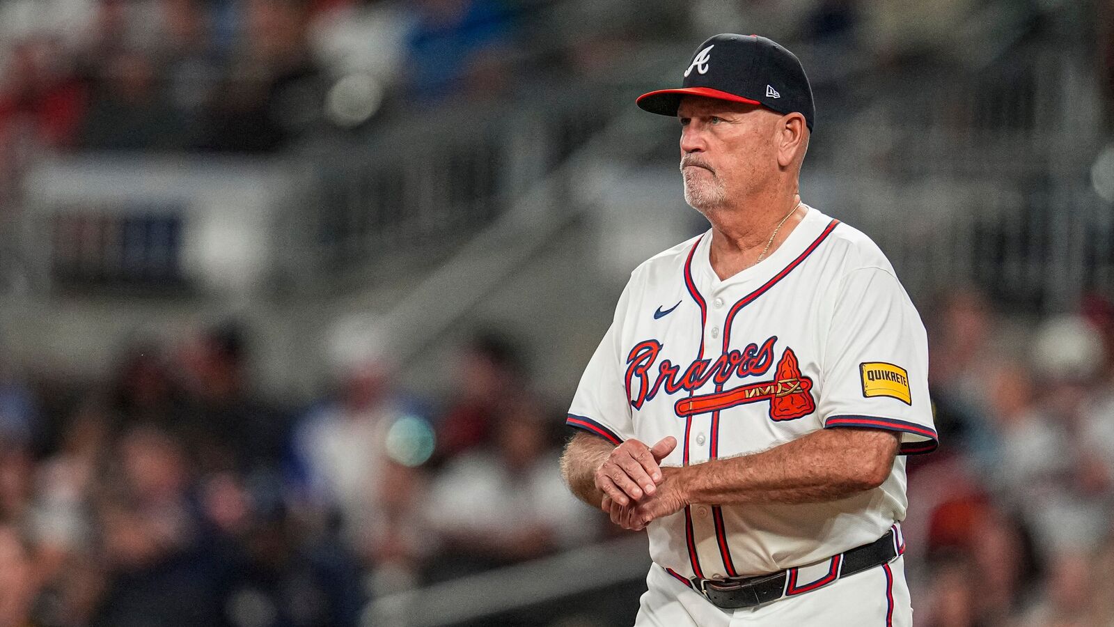 Brian Snitker (43) on the field against the Chicago Cubs during the eighth inning at Truist Park. (file photo)