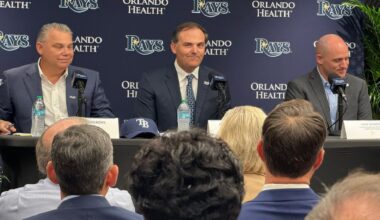 The news conference with the three new primary owners of the Tampa Bay Rays took place at Steinbrenner Field on Tuesday. (Spectrum News/Josh Rojas)