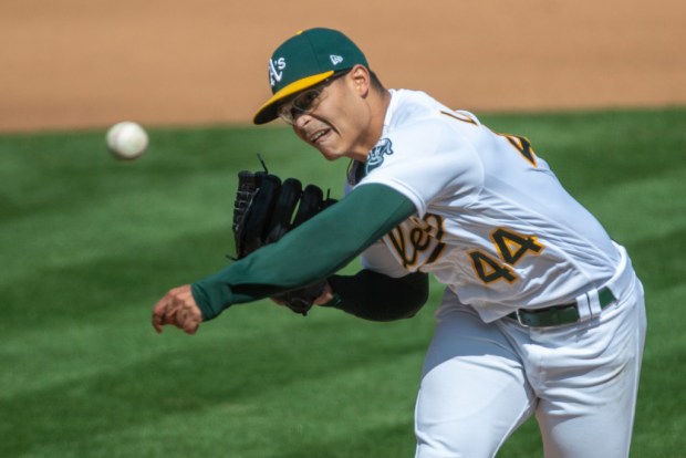 OAKLAND, CA - SEPTEMBER 19: Oakland Athletics pitcher Jesus Luzardo (44) pitches against the San Francisco Giants in the third inning at the Coliseum in Oakland, Calif., on Saturday, Sept. 19, 2020. (Karl Mondon/Bay Area News Group)