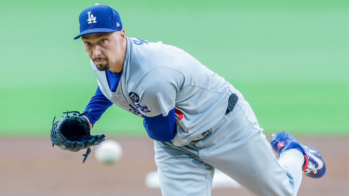 Aug 22, 2025; San Diego, California, USA; Los Angeles Dodgers starting pitcher Blake Snell (7) throws a pitch during the first inning against the San Diego Padres at Petco Park.