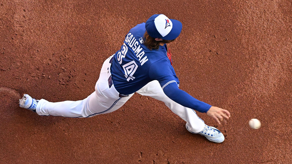 Toronto Blue Jays starting pitcher Kevin Gausman (34) warms up before playing the Tampa Bay Rays at Rogers Centre.