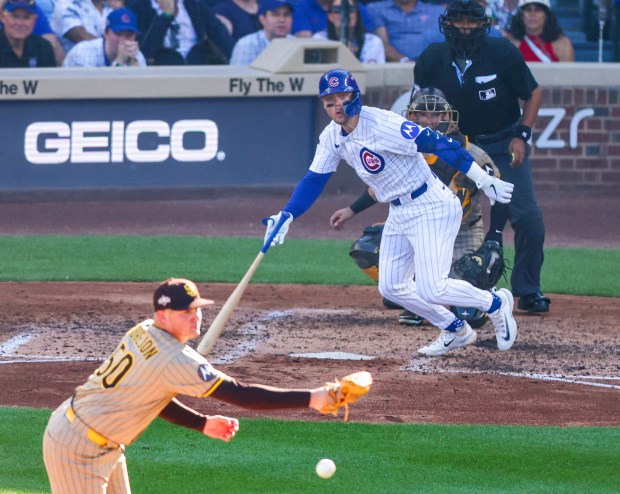 Cubs second baseman Nico Hoerner singles to center field off...