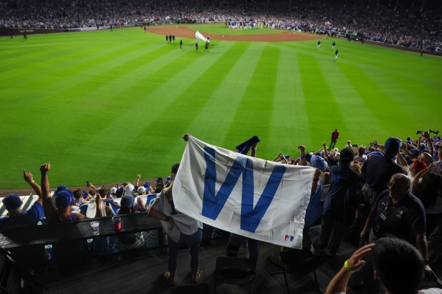 Fans after the Cubs won Game 3 of the National League wild-card series against the Padres at Wrigley Field on Oct. 2, 2025. (Eileen T. Meslar/Chicago Tribune)