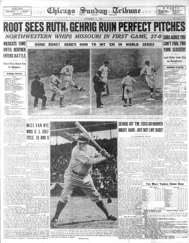 The New York Yankees beat the Chicago Cubs 7-5 on Oct. 1, 1932 during the third game of the World Series at Wrigley Field. Babe Ruth and Lou Gehrig each hit two home runs, including one just after Ruth apparently called his shot. (Chicago Tribune)