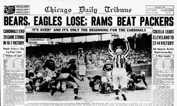 After 29 consecutive losses, the Chicago Cardinals finally had a win. They beat the Chicago Bears 16-7 on Oct. 14, 1945, at Wrigley Field. The Cardinals moved to St. Louis in 1960. (Chicago Tribune)