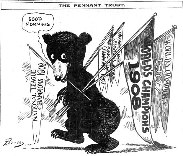 The Chicago Cubs beat the Detroit Tigers 2-0 on Oct. 14, 1908 to win the team's second consecutive World Series. The illustration by Clare Briggs was publish in the Tribune the next day. (Chicago Tribune)