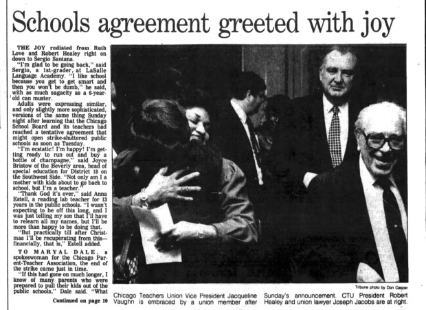 A settlement in the 15-day strike between Chicago Teachers Union and Chicago Public Schools was struck on Oct. 23, 1983. (Chicago Tribune)
