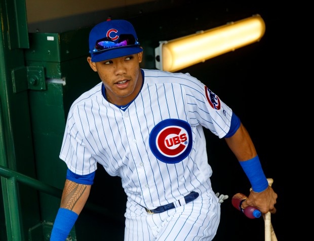 Chicago Cubs shortstop Addison Russell (27) is in the dugout on July 1, 2018 at Wrigley Field. (Brian Cassella/Chicago Tribune)