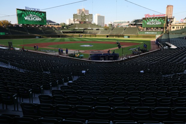 Wrigley Field is prepped on Sept. 29, 2025, as the...