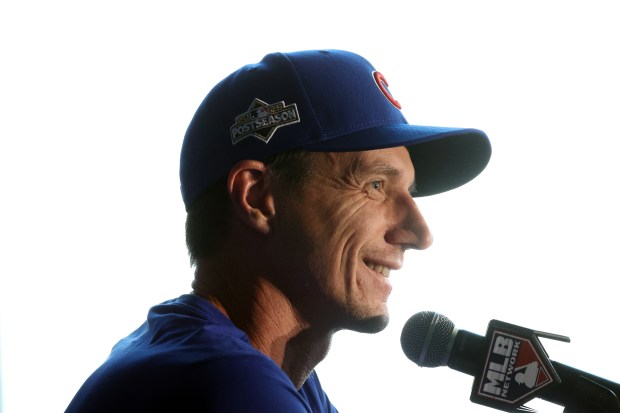 Cubs manager Craig Counsell speaks to the media at Wrigley...