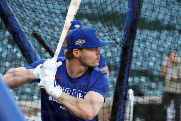 Cubs infielder Nico Hoerner takes batting practice at Wrigley Field on Sept. 29, 2025, as the team gets ready to face the Padres in a wild-card playoff series. (Terrence Antonio James/Chicago Tribune)