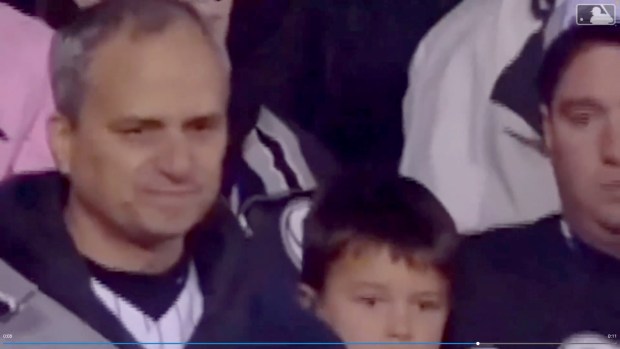 An image from MLB video shows the Rev. Robert Prevost, now Pope Leo XIV, left, on the broadcast during Game 1 of the 2005 World Series between the Astros and White Sox at U.S. Cellular Field, in Chicago, on Oct 22, 2005. (MLB)