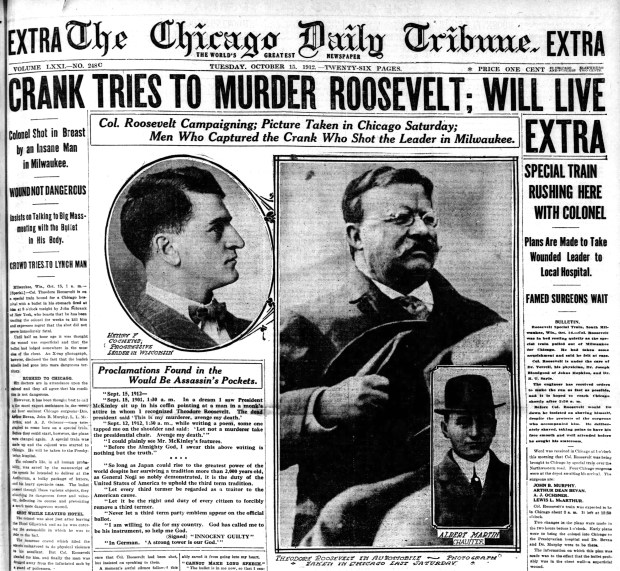 Former President Theodore Roosevelt was brought to Mercy Hospital in Chicago for treatment in Oct. 1912, after an assassination attempt in Milwaukee (Chicago Tribune)