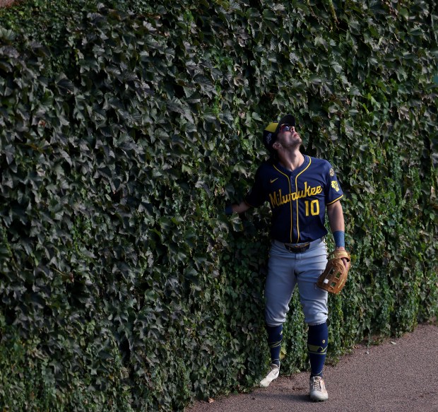 Milwaukee Brewers right fielder Sal Frelick (10) watches as a ball that went for a solo home run for Chicago Cubs first baseman Michael Busch sails over his head into the bleachers in the first inning of Game 3 of the NL Division Series at Wrigley Field in Chicago on Oct. 8, 2025. (Chris Sweda/Chicago Tribune)