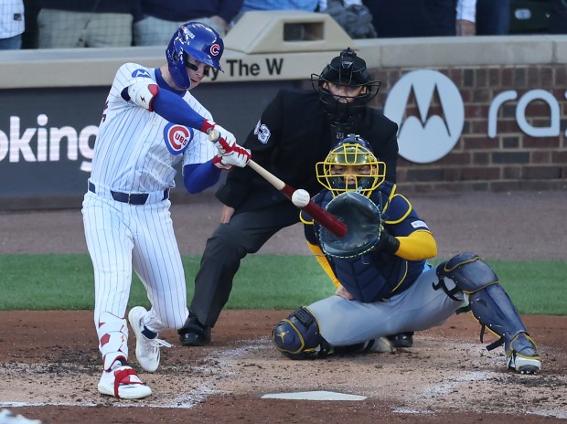 Chicago Cubs center fielder Pete Crow-Armstrong drives in two runs on a single in the first inning of Game 3 of the NL Division Series against the Milwaukee Brewers at Wrigley Field in Chicago on Oct. 8, 2025. (Chris Sweda/Chicago Tribune)