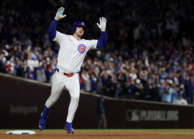 Cubs designated hitter Kyle Tucker celebrates after hitting a solo home run in the seventh inning of Game 4 of the NL Division Series against the Brewers at Wrigley Field in Chicago on Oct. 9, 2025. (Chris Sweda/Chicago Tribune)