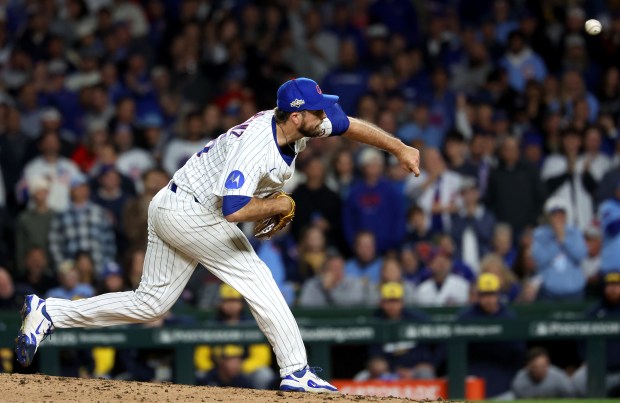 Chicago Cubs relief pitcher Drew Pomeranz delivers to the Milwaukee Brewers in the seventh inning of Game 4 of the NL Division Series at Wrigley Field in Chicago on Oct. 9, 2025. (Chris Sweda/Chicago Tribune)