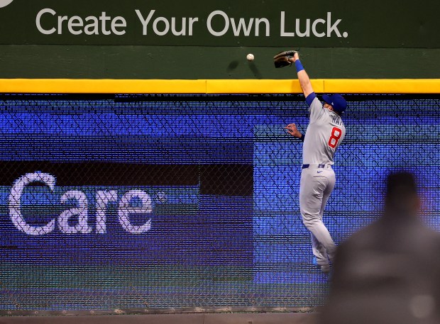 Chicago Cubs left fielder Ian Happ (8) is unable to...